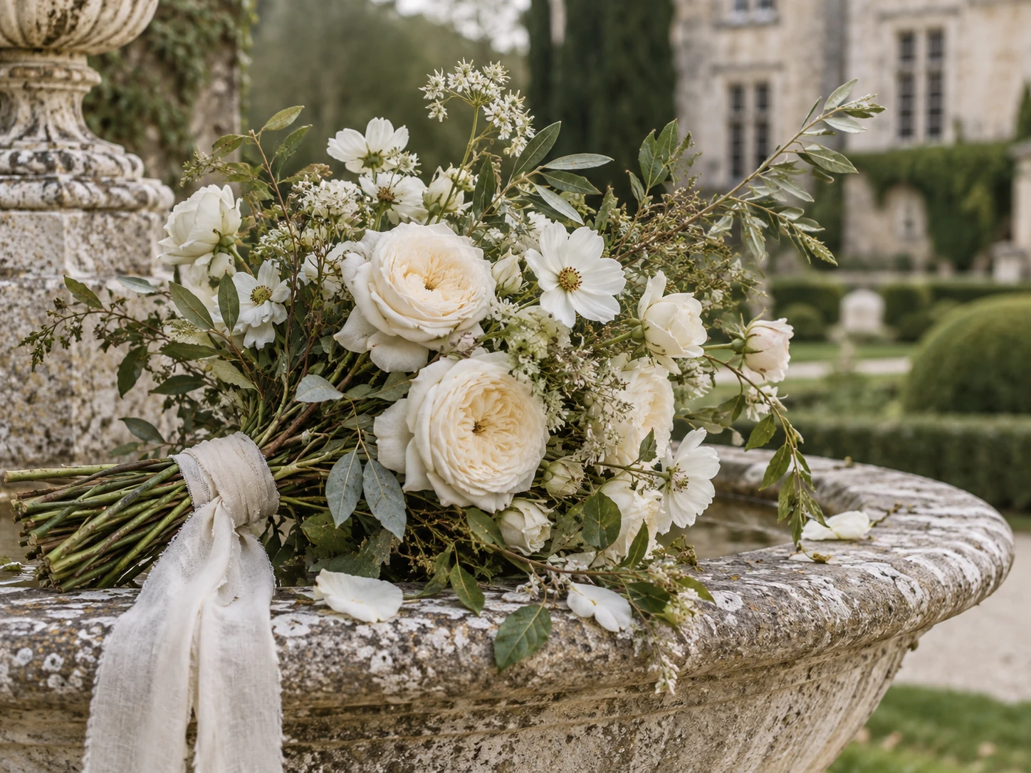 Los boeket van witte bloemen en olijftakken op een stenen urn